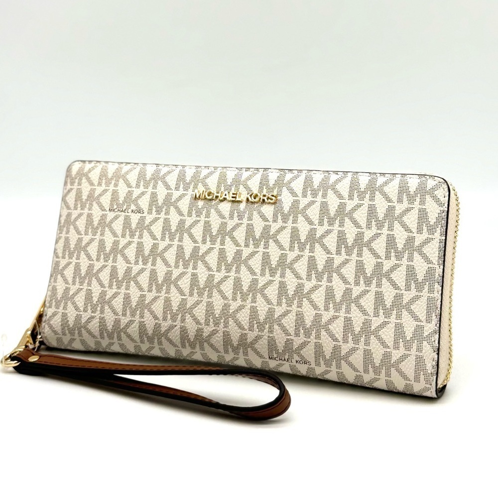 Michael Kors Large Travel Continental Wallet Wristlet Vanilla/Brown - Picture 2 of 9